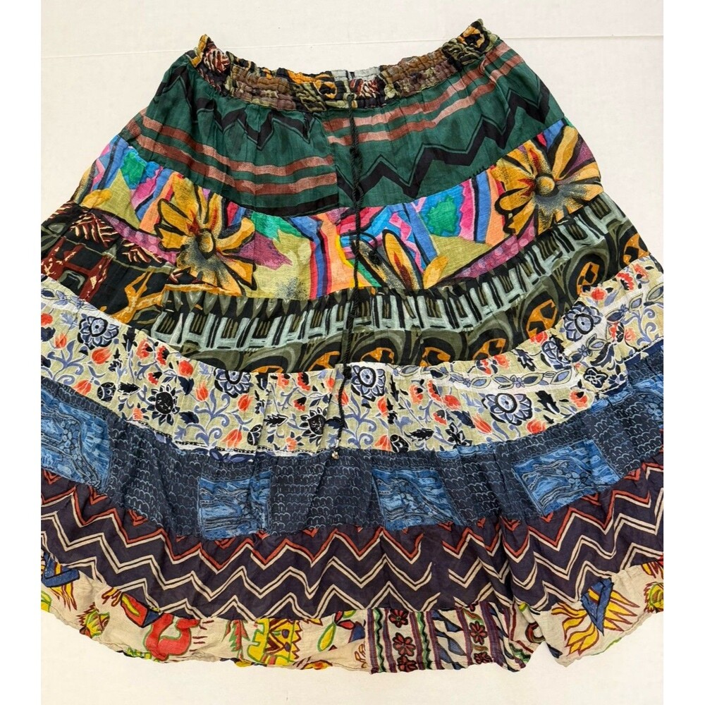 Patchwork Midi Skirt India One Size Mixed Prints Drawstring S M L XL Boho Cotton